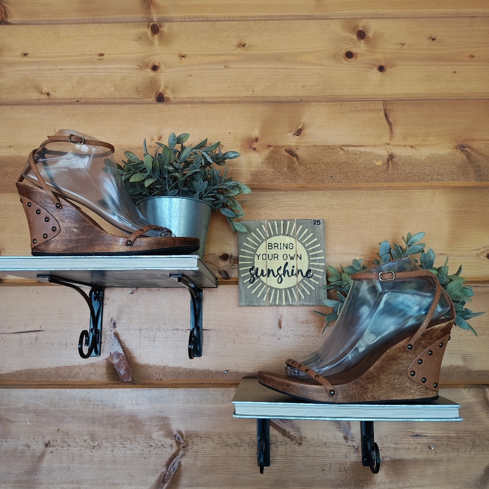 Riverstone Vintage Platform Wedge Heel Sandals Wood Studded Leather Strappy Sz 8